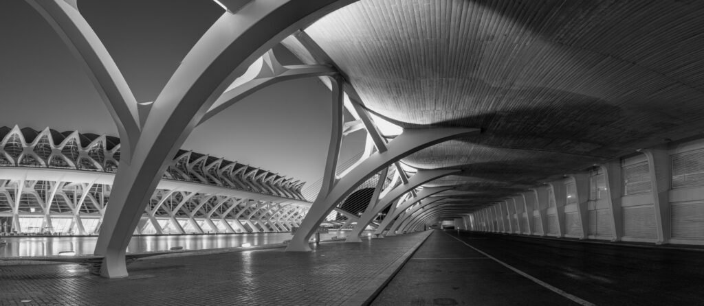 Black and white photo of modern architecture with dramatic arches.
